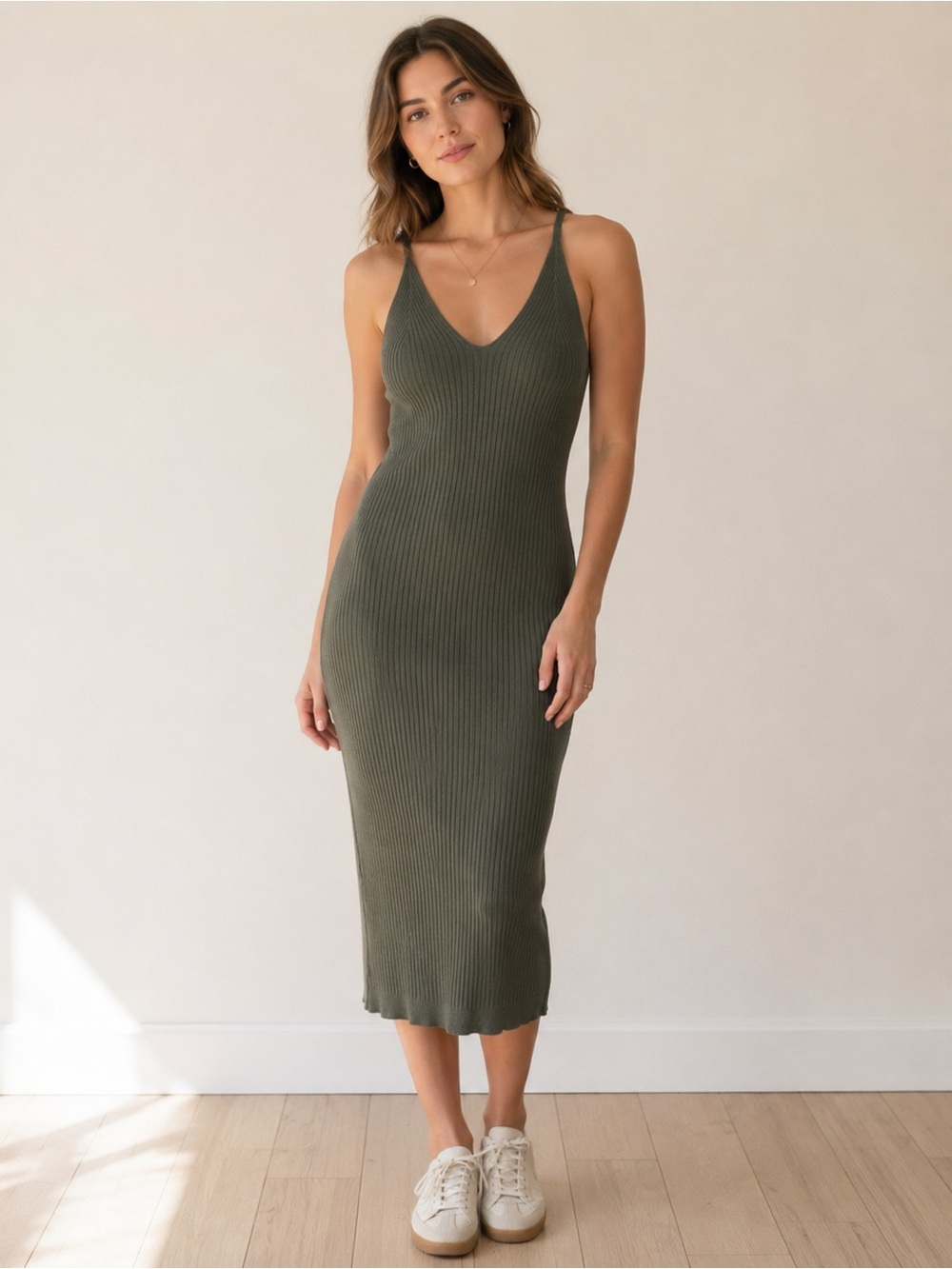Ribbed V-Neck Slip Dress in Olive Green